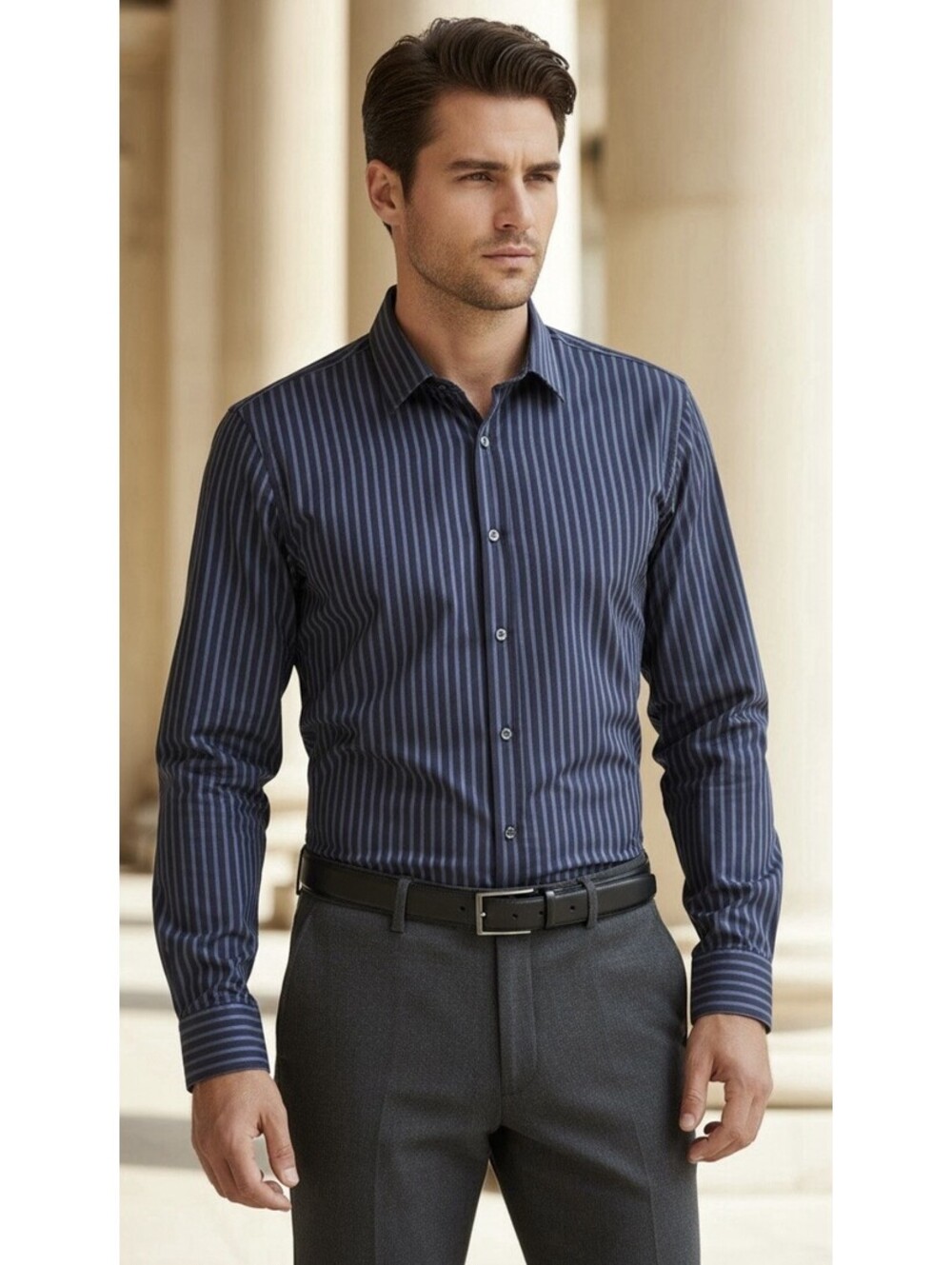 BOSS Hugo Boss Men's Cotton "Enzo" Regular Fit Striped L/S Shirt in Navy|White-L